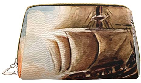 ASEELO Kosmetiktasche mit Reißverschluss, groß, Leder, mit Segelboot-Motiv, mit Reißverschluss, tragbare Kulturtasche, Segelboot, Einheitsgröße