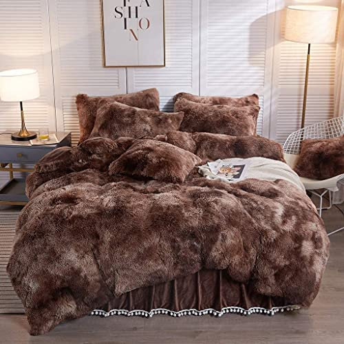 Nyescasa Winter Plüsch Bettwäsche 200x200 cm Braun Beige Warme Flauschig Langhaar Flausch Biber Wendebettwäsche Doppelbett Deckenbezug Microfaser Bettbezug mit Reißverschluss und 2 Kissenbezug 80x80cm