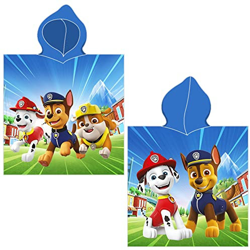 Paw Patrol Kinder Kapuzen Bade-Poncho Boy's Blau 60 x 120 cm 100% Baumwolle Veloursqualität Poncho Bademantel Duschtuch Handtuch Badetuch Strandtuch Pareo Chase Marshall Skye Ryder Rocky Zuma Rubble