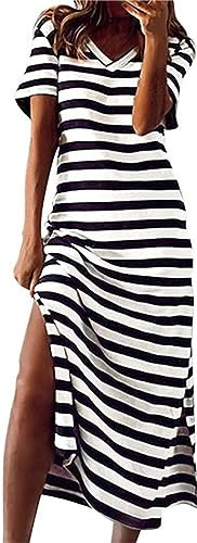 Sommerkleid Damen Lang - Gestreifte T Shirt Kleid Damen Sommer -Maxikleid Damen Kurzarm V Ausschnitt Streifen Lässiges Lockeres Langes Kleider mit Schlitz Shirtkleider Strandkleid Freizeitkleid