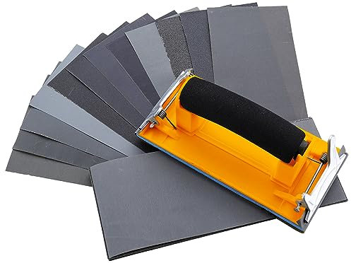 Hubaow Sandpaper Holder with Sponge Handle, 36 Pack 120 to 3000 Assorted Grit Dry & Wet Sandpaper with 1 Pack Hand Sander, Manual Hand Sanding Block for Drywall Wood Metal Furniture Polishing