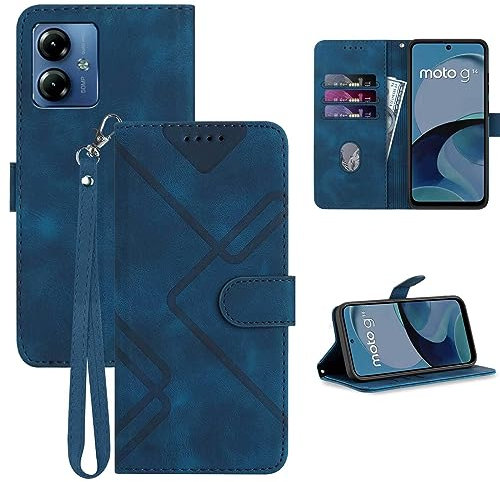 GOTOURED for Motorola G14 Phone Case Wallet, Card Holder Leather, Wrist Strap, Magnetic Closure, Kickstand, Shockproof Protective Pattern Flip Cover (Blue)