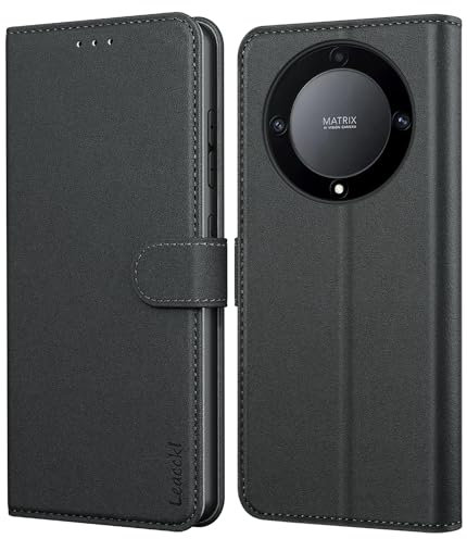 Leacckl Funda para Honor Magic 5 Lite, Funda Tipo Cartera de Piel, Funda Abatible con Tarjetero y Hebilla Magnética, Funda de Piel Tipo Libro para Honor Magic 5 Lite, Negro