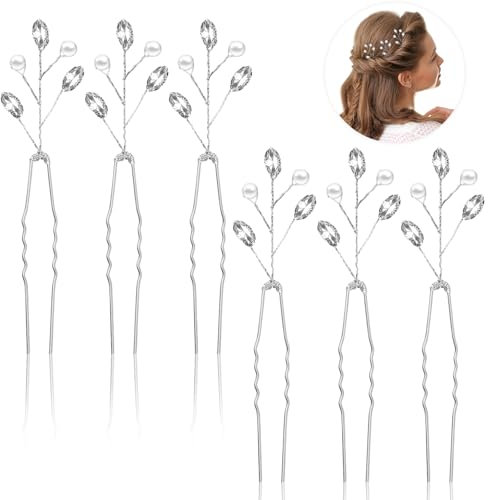 6 Pièces Épingles à Cheveux de Mariage en Strass Pinces à Cheveux de Mariée en Argent Feuilles Perles Cristal Pinces à Cheveux en Forme de U Accessoires de Cheveux de Mariage pour Mariée