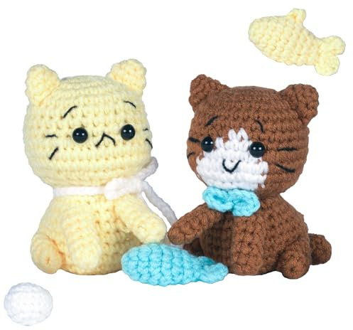iofficego Häkelset für Anfänger, Valentinstag Häkelset für Anfänger Erwachsene, Stricksets Haken Garn Set mit Schritt-für-Schritt-Video-Tutorials, süße Katze, Gelbbraun