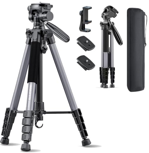 CAMBOFOTO 74-Camera-Tripod, Gray Porfessional Aluminum Heavy Duty Tripod Stand for Mirrorless Camera/DSLR/Cell Phone/Camcorder, with Holder and Travel Bag (Gunmetal Gray) | 360° Pan Head Gunmetal Gray Heavy‐Duty Tripod Stand for DSLR & Mirrorless Cameras/Smartphones/GoPro, with Phone Mount