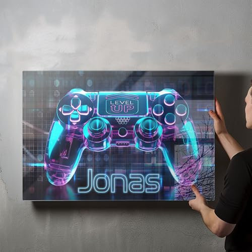 timalo® Gaming Acryl-Wandbild personalisiertes Gamer Bild mit Namen aus Acrylglas - Glasbild gaming zone für die Wand Jugendzimmer Acrylglasbild Acrylbild Glas | 120x60cm Neon Controller