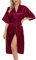 Lovasy Bademantel Damen Satin Japanisch Kimono Jacke Damen mit Gürtel Sexy Morgenmantel Leicht Pyjama für Hochzeit Braut Party,Lila Rot,XL