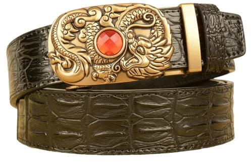 NALANY Herren Ledergürtel mit Ratsche,Gürtel mit Krokoprägung 3,5cm automatischer Schnalle Geschnitztes Rot Strass Drache Gürtelschnalle(110cm/43, Black)