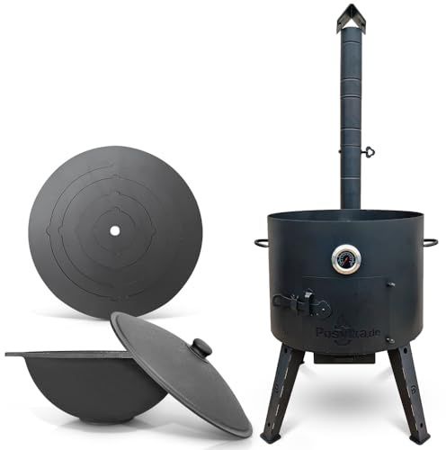 Utschak Uchag Feuerofen Ø 49 cm 2 mm Stahl Herdplatte 4mm Kazan 22 L flacher Boden mit Thermometer Учак Учаг Uchag Asia казан (Set 529)