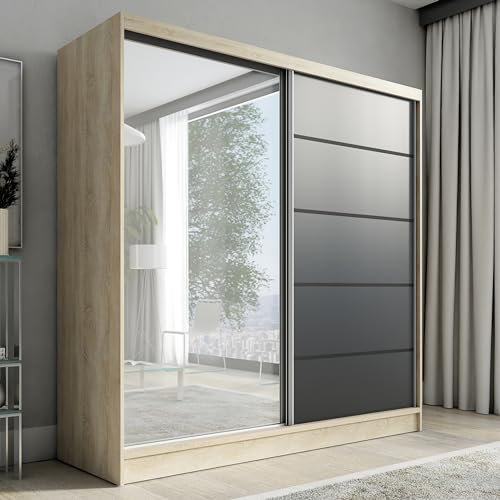 A&J MöbelLand Schwebetürenschrank mit Spiegel, 200 cm, 2 Türen, Schwarz (Sonoma/schwarz)