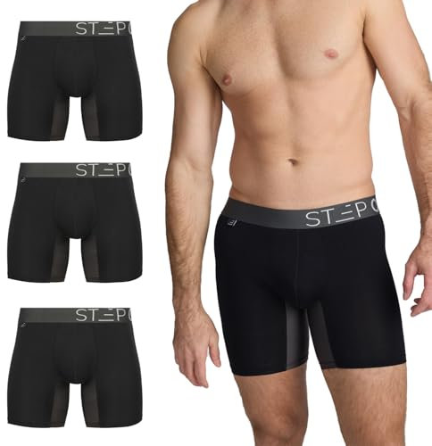 STEP ONE Mens Boxers Shorts Multipack, 3 Pairs, Anti Chafing Underwear for Men, Moisture-Wicking Boxer Shorts with 3D Pouch. Fabric Made from Organic Bamboo Black and Grey L