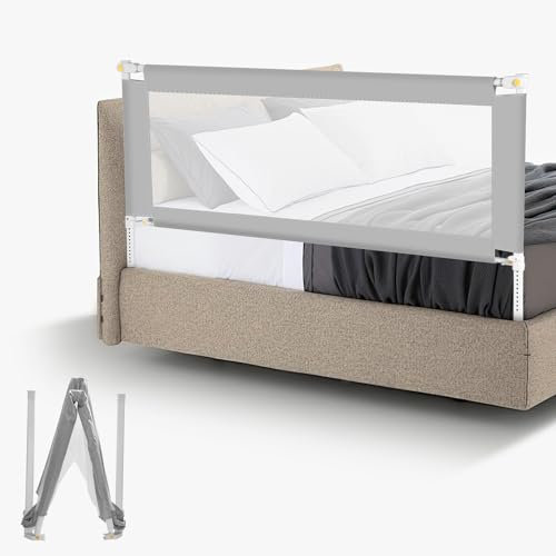Fiqops Bettgitter Rausfallschutz Klappbar 200cm,Bettschutzgitter faltbar Kinderbettgitter Reise,Nagelfreie Montage Fallschutz Bett für Kleinkinder Baby bettgitter,Grau