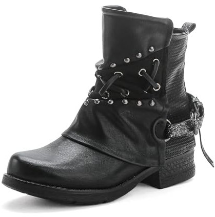 Pogolino Damen Stiefeletten Nieten Biker Boots mit Reißverschluß flach bequem Stiefel ST016 (ST107 Schwarz 40)