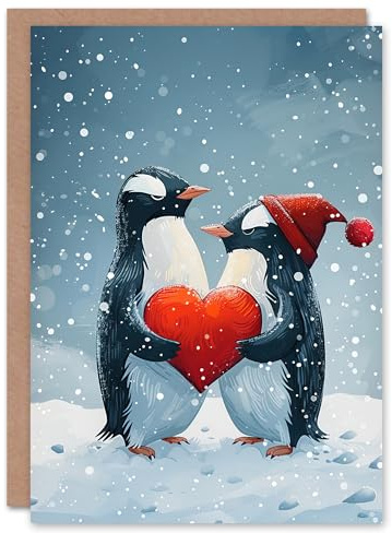 Artery8 Gentoo Penguins Couple Love Heart Blank For Him Or Her Art Xmas Festive Christmas Card