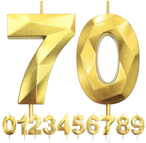 Geburtstagskerzen Zahlen 70, 5cm 3D Gold Geburtstagskerzen, Kerzen Geburtstag, Zahlenförmige Kerze, Tortendeko Geburtstag für Geburtstag Party, Hochzeiten, Jubiläen, Birthday Candle Nummer 70