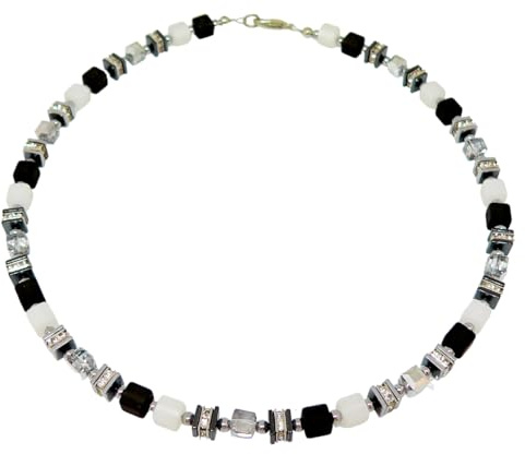 Halskette, Kette, Collier Armband Ohrringe Schmuck Set, Würfel Kristall Glas, Polaris, Schwarz, Dunkelgrau, weiss, weiß, Strass, Hämatit, Edelstahl