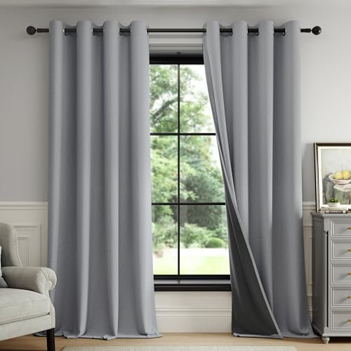 FMFUNCTEX Blickdicht Vorhänge für Wohnzimmer Dunkelgrau Verdunkelungsvorhänge Geometrisch Gewebte Gardinen mit Ösen Hitzeschutz Themovorhang für Schlafzimmer 2er Set, 260 x 140 cm(H x B)