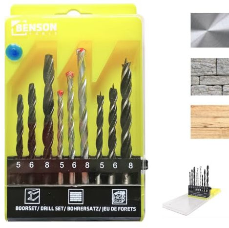 Coffret de 9 Forets assortis. 3 Forets HSS pour Métal + 3 Forets à Bois avec Pointe de Centrage + 3 Forets Pierre, Béton. Boîte de rangement. Lot de Mèches multi matériaux. Accessoires pour Perceuse.