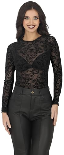 FIESTAS GUIRCA | Sexy Gothic Body aus Spitze mit Totenköpfen - Langärmliger Body für Cosplay, Halloween, Karneval, Fasching - Ideal für Festivals und Rocker Punker Kostüme