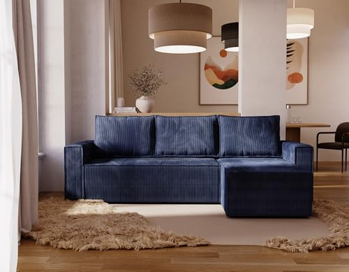 FurniDe24 Cord-Ecksofa Moly mit Schlaffunktion, Bettkasten, Poso 05 | 3-Sitzer-Eckcouch aus Cord mit flexibler Ottomane, Wellenfederung Typ B, T30-Schaum und Belastbarkeit bis 300 kg