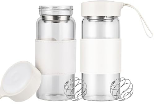 TELAIN Shaker Proteinshake Glass Jugs for Fitness, 2 Pack 16 oz BPA-free, odourless shaker bottle with 304 stainless steel mixing ball and detachable cleaning brush for protein shakes (White-2 Pack)