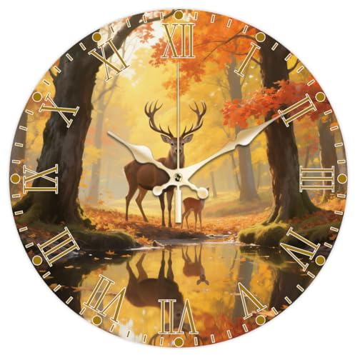 CHGCRAFT Herbst Hirsch Wanduhr 12 Zoll Wald Uhr Batteriebetrieben Leise Nicht Tickende Runde Dekorative Uhr für Home Office Dekoration
