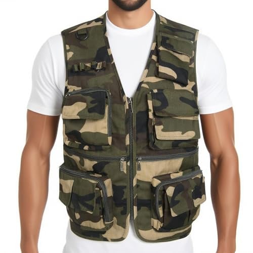 LISUHEPEAL Men’s Fishing Vest Summer Outdoor Work Safari Travel Photo Vest with Multi Pockets (818-Camouflage, L)