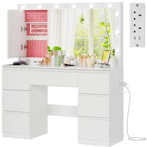 Devoko Toeletta da Trucco con Luci e Prese, Luminosità Regolabile,Postazione Trucco,Tavolo da Trucco con Specchio Grande,7 Cassetti,Moderno, Bianco