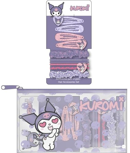 Kuromi Set di bellezza accessori | Kit per bambini con custodia, pinzette, giarrettiere e scrunchies | Accessori per acconciatura Kuromi