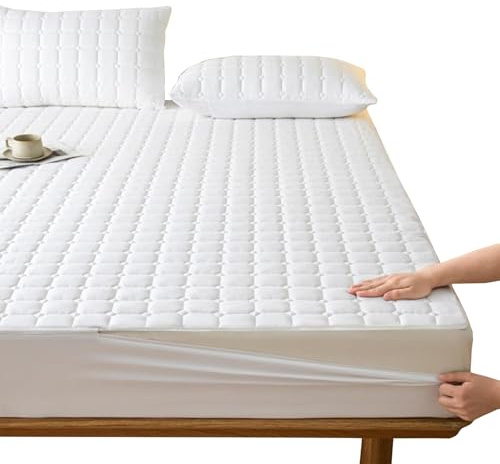 Coprimaterasso Matrimoniale/Singolo con Cerniera, Trapuntato Federa del Materasso, Lenzuolo Lavabile a Cinque Lati, Morbido e Traspirante, Comprende 2 Federe(Bianco,80x190x10cm)