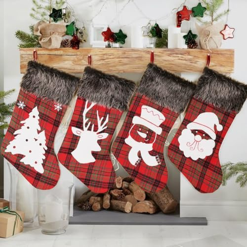 Homeponnew Lot de 4 bas festifs à carreaux pour Noël, 51 cm pour décoration de Noël à suspendre avec Père Noël, cerf, neige pour homme et arbre pour hofor me, bureau ou fête pour décoration de