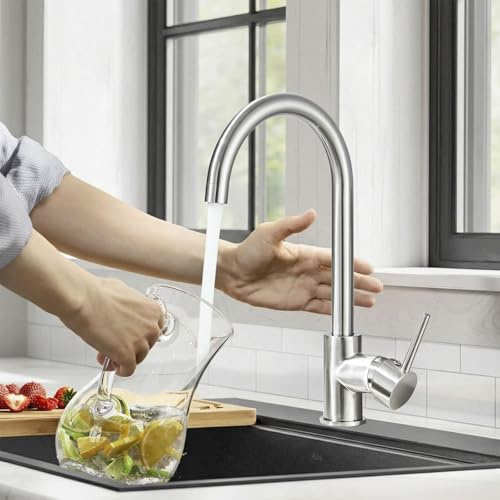 Küchenarmatur Niederdruck Einhebel Armatur Gebürstet | Wasserhahn Küche 360° Schwenkbar Mischbatterie Küche mit Hohem Bogen Spültischarmatur Edelstahl G3/8 Anschluss Armatur