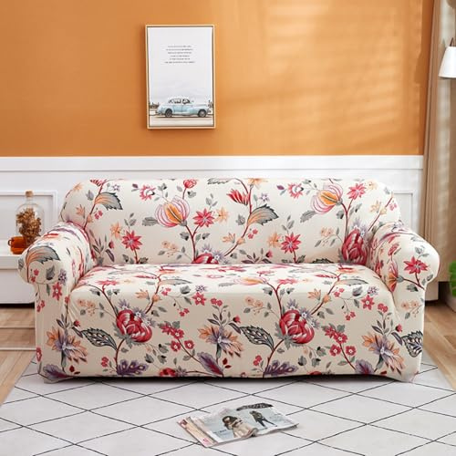 Hiseng Sofa Überzug 1-4 Sitzer, Stretch Sofabezug mit Gemustertem und 1 Kopfkissenbezug All-Inclusive Couch Überzug Waschbar Sofaschoner für Wohnzimmer (Beige-Rosa Floral,3-Sitzer)