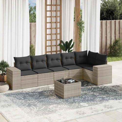 Yunovire 7-TLG. Garten-Sofagarnitur mit Kissen Hellgrau Poly Rattan, UV-beständig, Modulares Design für Terrasse, langlebiges Exterior Couch Set für entspannte Conversation im Garden