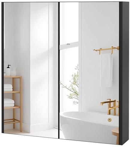 GIANTEX Spiegelschrank Badezimmerschrank, Hängeschrank mit rahmenlosen Doppelspiegeln / 2 Einlegeböden, Badezimmerspiegel Badspiegel aus Holz, Badschrank Wandschrank 62 x 11,5 x 65 cm (Schwarz)