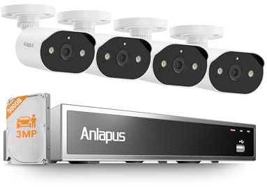 Anlapus 3MP Kit Caméra de Surveillance PoE NVR 8CH 5MP 500GB | Détection IA des Personne, Vision Nocturne et Alarme Sonore et Lumineuse, Alerte Instantanée et Enregistrement 24/7
