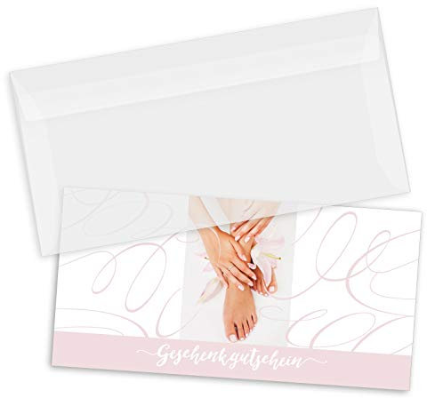 GESCHENKGUTSCHEINcom by POS-HAUER. Gutschein-Set. 10x Gutschein + Kuvert. Für Fußpflege Podologie, blanko zum selber Ausfüllen.