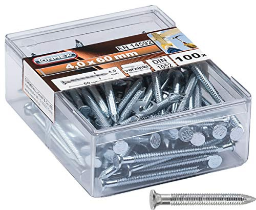 Connex Ankernägel 4,0 x 60 mm - 100 Stück - Verzinkt - Profilierter Schaft - Aufbewahrung in praktischer Kunststoffbox - Ideal für tragende Verbindungen / Rillennägel / Kammmnägel / HV4520