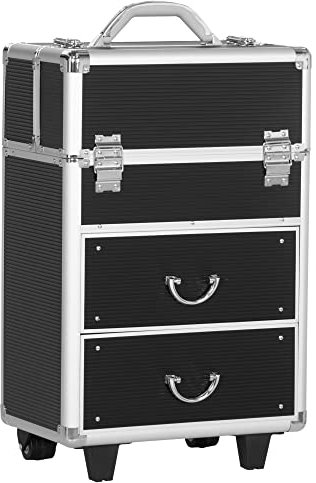 HOMCOM Valise Trolley Maquillage Mallette cosmétique Vanity poignée télescopique réglable 36L x 23l x 58H cm alu ABS Noir