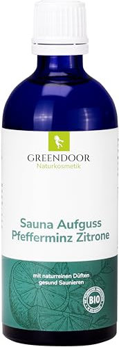GREENDOOR Sauna-Aufguss Natur Pfefferminz Zitrone 100ml, ergiebiges Konzentrat mit Bio Alkohol + reinen natürlichen ätherischen Ölen, Saunaduft für Ihre Auszeit, Sauna-Aufgüsse ohne Zusätze