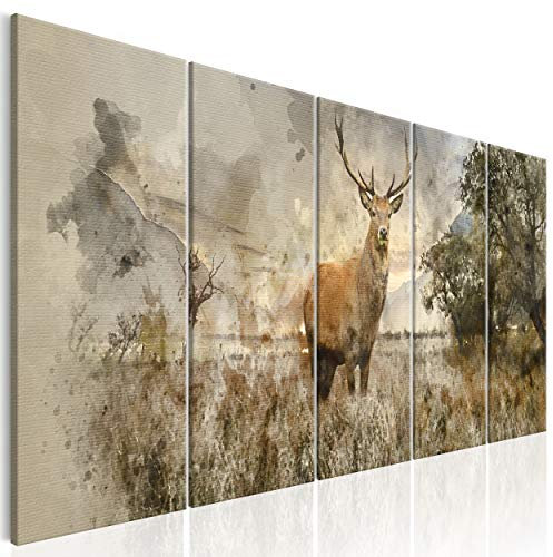 decomonkey Bilder Natur Hirsch 225x90 cm 5 Teilig Leinwandbilder Bild auf Leinwand Wandbild Kunstdruck Wanddeko Wand Wohnzimmer Wanddekoration Deko Tiere Landschaft