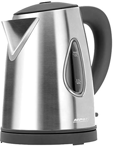 MPM MCZ-74M 1-Liter-Elektrokessel, Edelstahl, BPA-frei, verdecktes Heizelement, 2200 W mit automatischer Abschaltung beim Kochen, kabellos 360º ohne Kabel, Kalkfilter