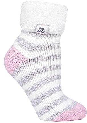 HEAT HOLDERS - Ladies Thick Soft Cute Fleece Lined Low Cut Ankle Winter Thermal Sleep Socks (4-8 uk, Cream/Light Grey (S TOT))
