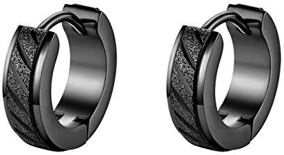 JewelryWe Schmuck Creolen Ohrringe Edelstahl Sandgestrahlt Streifen Huggie Hoop Klappcreolen Ohrschmuck Ohrstecker für Herren Damen, Schwarz