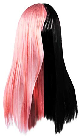 Lurrose Zweifarbige Halb Schwarz Halb Rosa Perücke Lange Gerade Synthetische Haare Für Cosplay Festival Party Und Make-up Zubehör