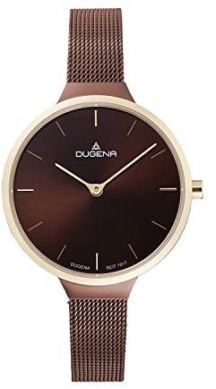 DUGENA Damen-Armbanduhr, 4461045, Alva, Quarz, braunes Zifferblatt, Edelstahlgehäuse, Saphirglas, Milanaise-Armband, Drückerfaltschließe, 3 bar