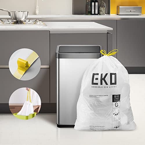 EKO Extra-Strong Drawstring Bin Liners – 60 Unscented Rubbish Bags, 50-90 Litres, Extra-Long Custom Fit for Heavy-Duty Kitchen Bins, Clear White, Size G