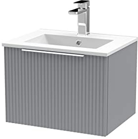 Hudson Reed DFF291B Fluted Modern Bathroom Wall Hung 1 Drawer Vanity Basin Unit with Minimalist Ceramic Basin, 500mm, Satin Grey
