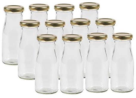 Vitrea 12 leere Glasflaschen Flaschen 263ml mit Schraub-Deckel Gold zum selbst befüllen von Milchflaschen, Saftflaschen, Smoothie Flaschen TO43 0,25l